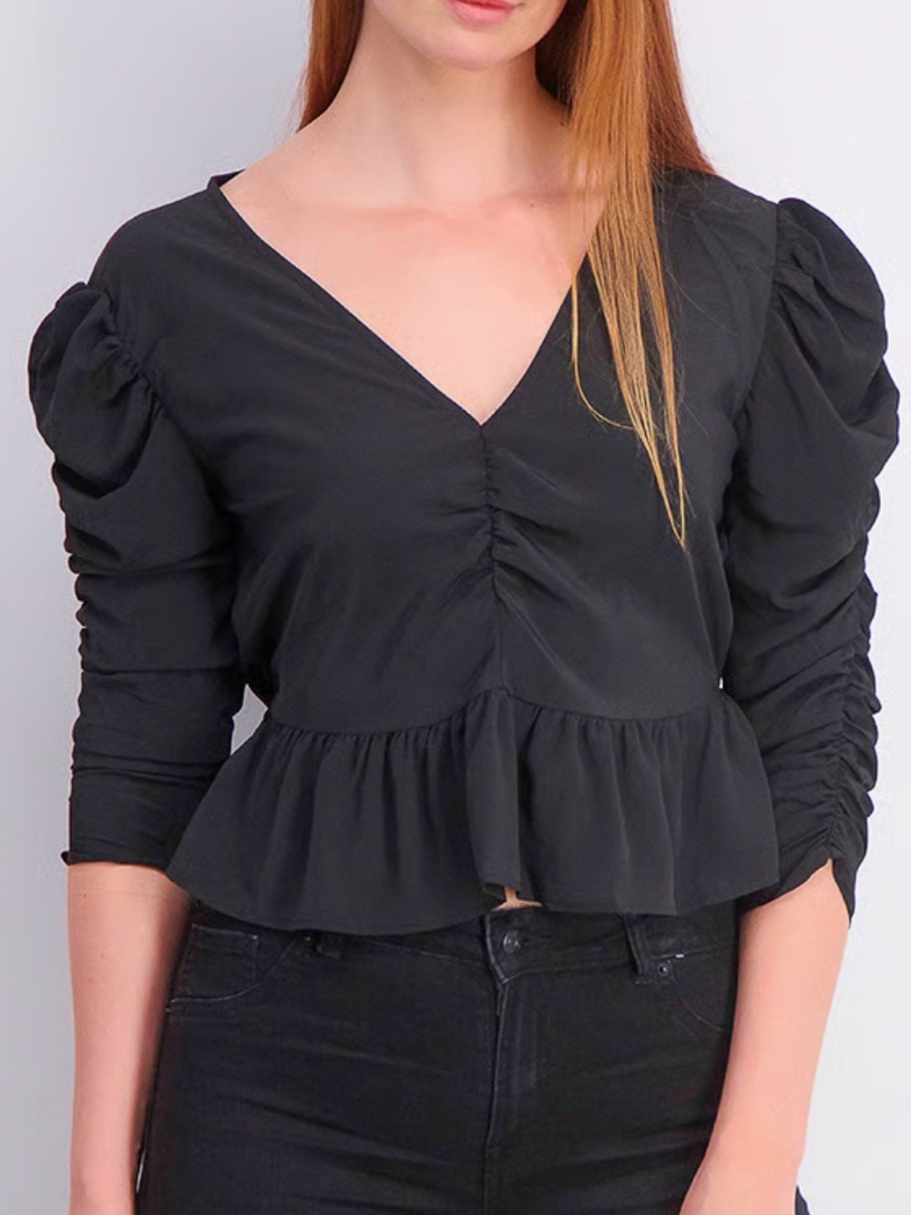 Topshop Black V-Neck Peplum Puff Sleeve Blouse - Picture 1 of 13
